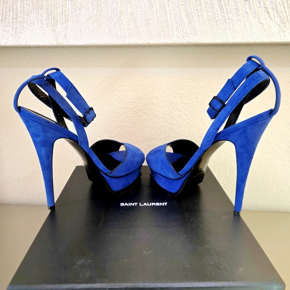 Saint Laurent Blue Suede Platform Stiletto Ankle Strap Buckle Heels EU 38 - Picture 4 of 13